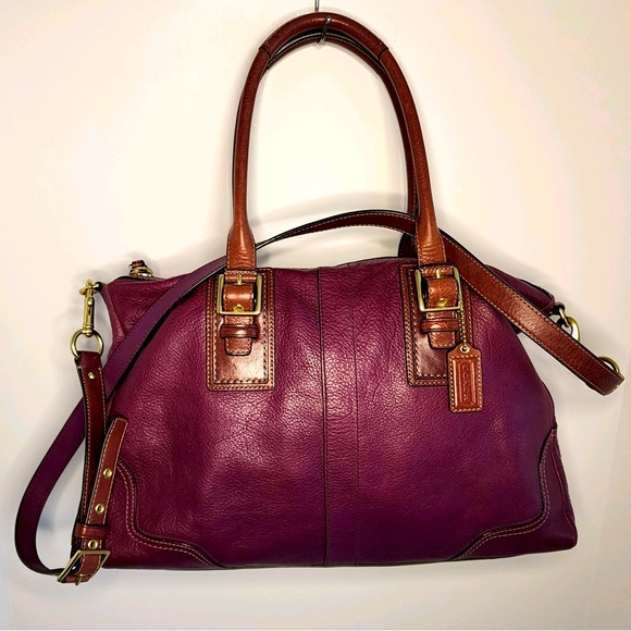 Coach Handbags - Coach Genuine Pebbled Leather Berry w/Camel Accents Hampton Satchel Bag